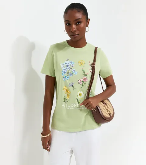 Women's Light Green Cotton Wildflower Crew Neck T-Shirt