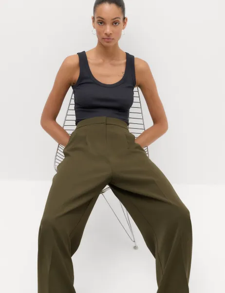 Marks & Spencer Pleated Wide Leg Trousers Dark Green