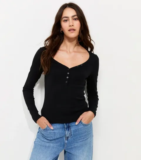 Women's Black Cotton Rich Long Sleeve Henley Top