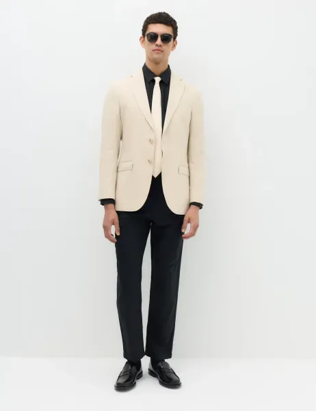 Marks & Spencer Tailored Fit Linen Cotton Blend Herringbone Blazer Beige