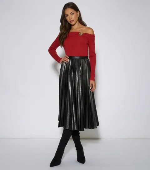 Gini London Women's Black Faux Leather Midi Skirt