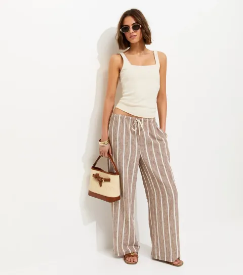 Women's Brown Striped Wide Leg Trousers