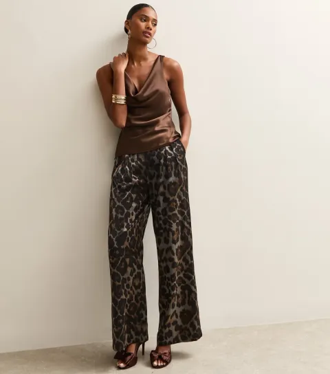 Women's Silver Animal Print Wide Leg Trousers