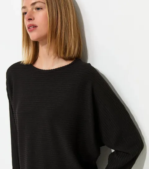 Women's Black Soft Touch Ribbed Batwing Sleeve Top