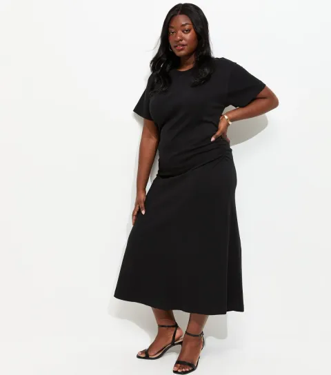Women's Plus Size Black Shirred Side Jersey Midi Dress Curves