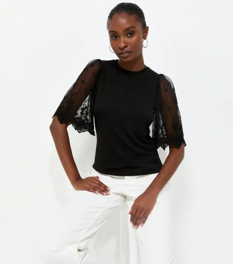 Women's Black Soft Touch Lace Sleeve T-Shirt