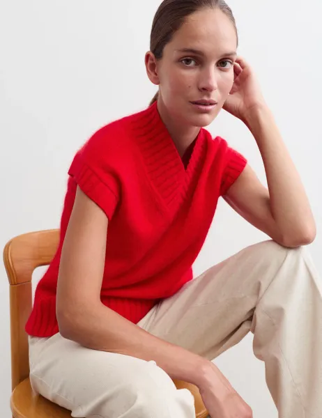 Jaeger Mohair and Wool V-Neck Knitted Top Red