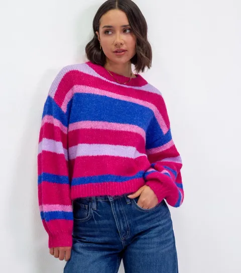 Sunshine Soul Women's Purple Striped Balloon Sleeve Jumper