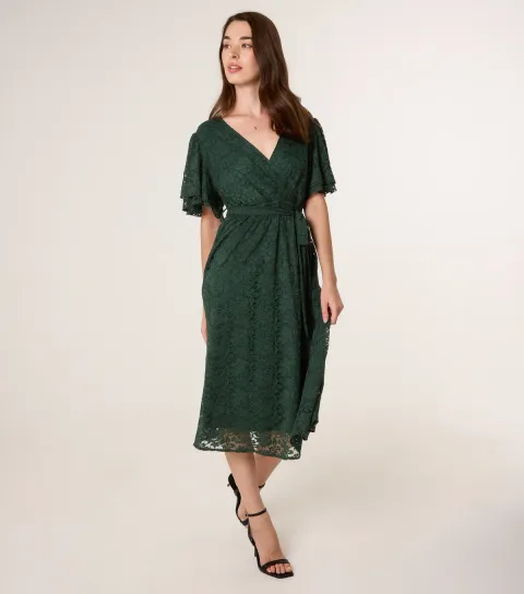 Women's Green Angel Sleeve Midi Dress