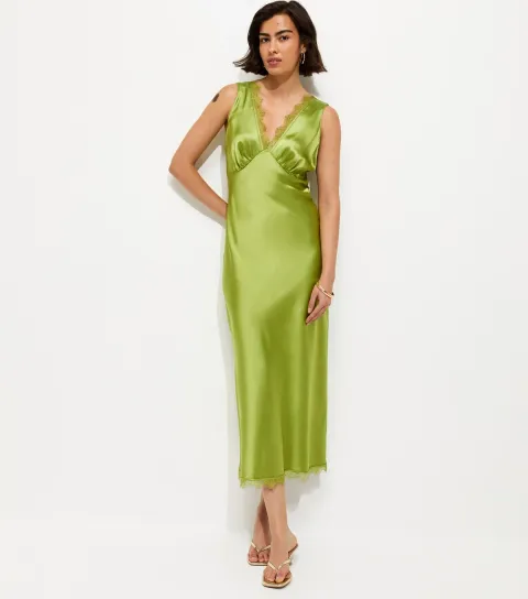 Women's Green Satin Lace Trim Slip Midi Dress