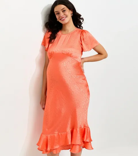New Look Women's Maternity Bright Orange Feather Jacquard Satin Midi Dress