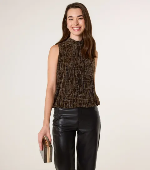 Women's Gold High Neck Puffball Hem Top