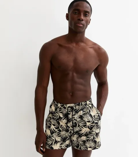 Men's Black Regular Leaf Print Swim Shorts