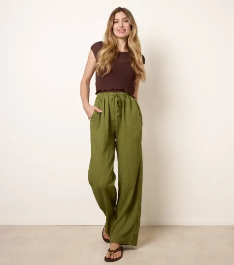 Women's Light Khaki Drawstring Wide Leg Trousers