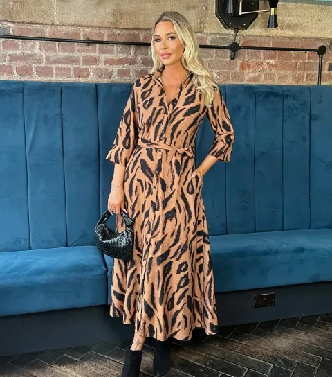 Women's Brown Animal Print Shirt Midi Dress