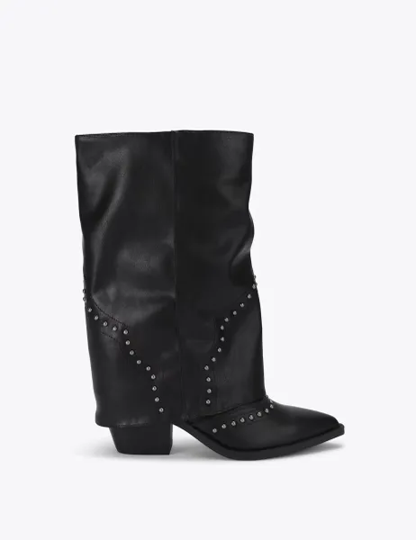 Steve Madden Leather Studded Block Heel Knee High Boots Black
