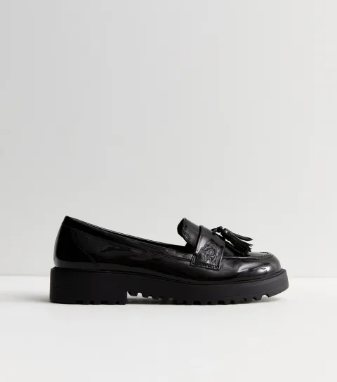 Women's Black Patent Tassel Chunky Loafers Vegan