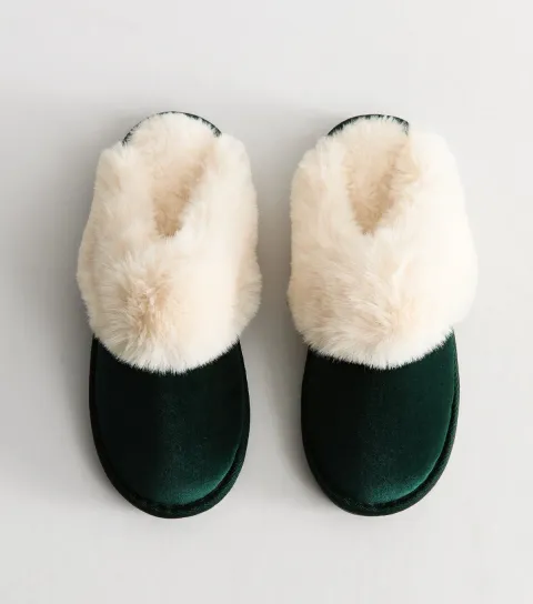 New Look Women's Dark Green Velvet Faux Fur Mule Slippers