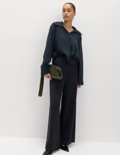 Marks & Spencer Crepe Elasticated Waist Wide Leg Trousers Black
