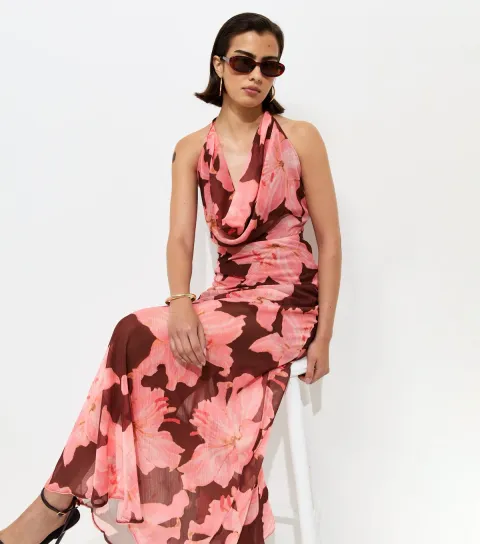 Women's Pink Chiffon Floral Cowl Halter Neck Maxi Dress