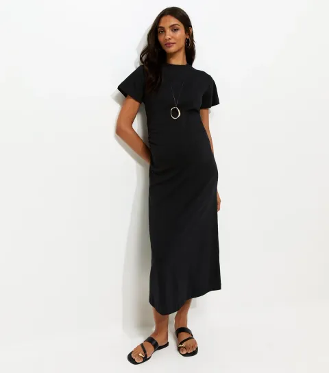 Women's Maternity Black Ruched T-Shirt Midi Dress