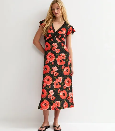 Women's Red Floral Print Flutter Sleeve Midi Dress