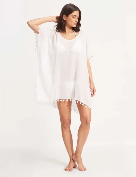 Seafolly Amnesia Pure Cotton Tassel Beach Cover Up Kaftan White