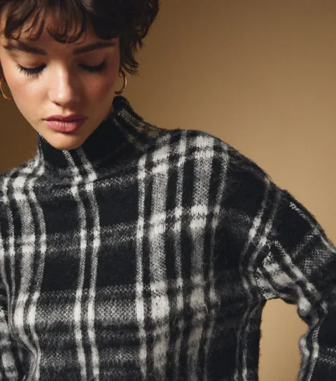 Women's Black Brushed Longline Check Jumper