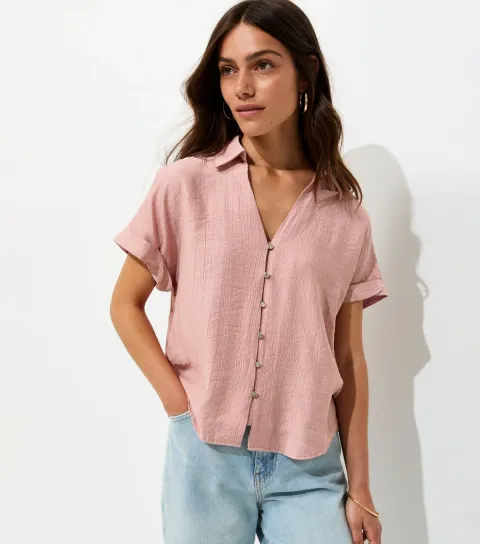 Women's Petite Light Pink Short Sleeve Shirt