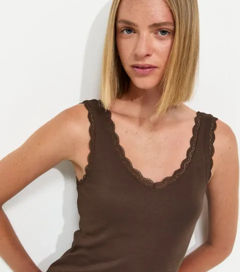 New Look Women's Dark Brown Cotton Rich Lace Trim V-Neck Vest