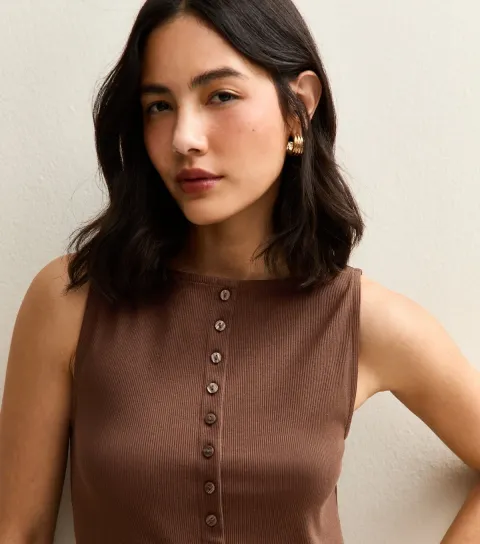 Women's Brown Button Through Tank Top