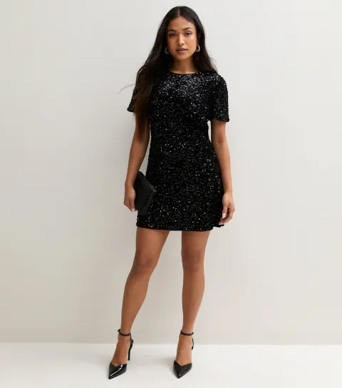 New Look Women's Petite Black Sequin Short Sleeve Mini Shift Dress