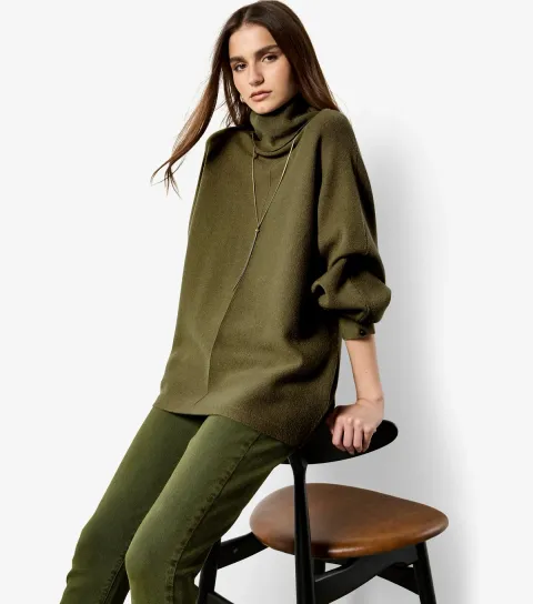 Women's Dark Khaki Roll Neck Oversized Batwing Jumper