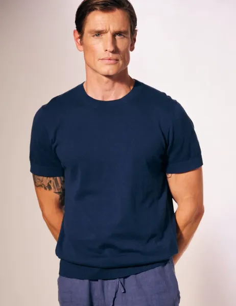 David Gandy Wellwear Cotton Rich Crew Neck Knitted Tee with Silk Navy