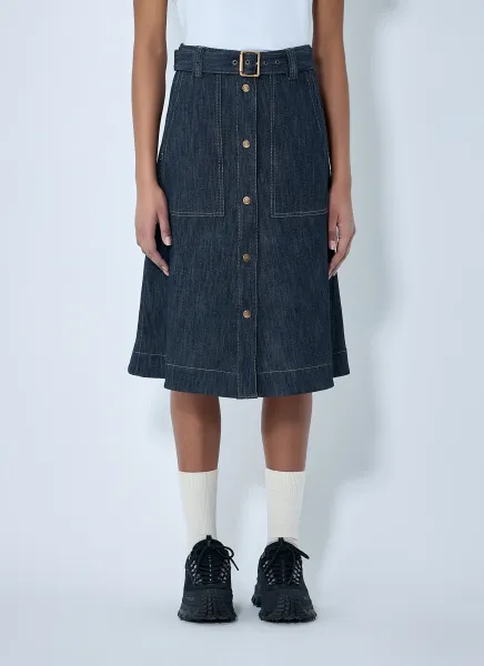 Button-Front Denim Midi Skirt