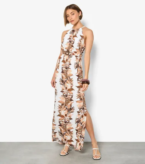 Women's White Halter Neck Leaf Print Stripe Dress