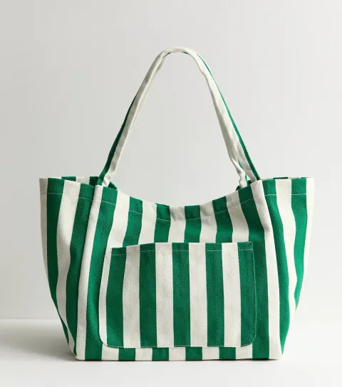 Green Striped Slouchy Tote Bag
