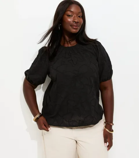 Women's Plus Size Black Floral Embroidered Puff Sleeve T-Shirt Curves