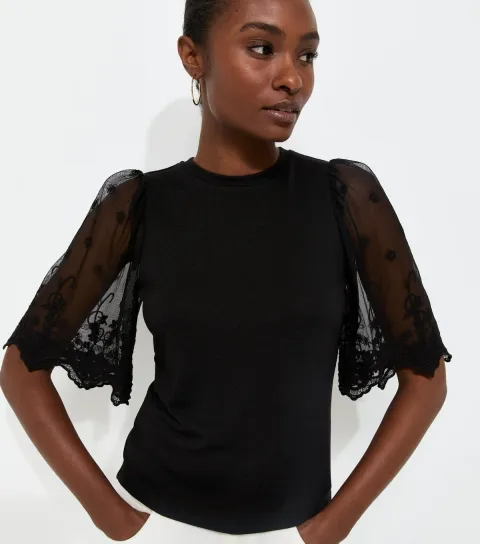 Women's Black Soft Touch Lace Sleeve T-Shirt