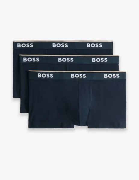 Boss 3 Pack Power Cotton Rich Logo Waistband Trunks Navy