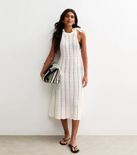 Women's White Crochet Tie Shoulder Midi Dress