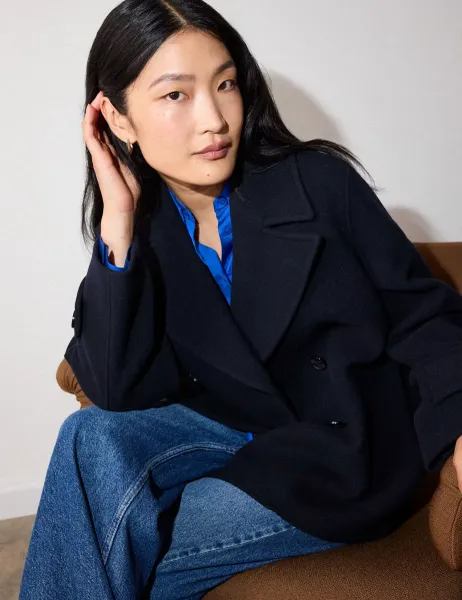 Whistles Wool Rich Double Breasted Collared Pea Coat Navy
