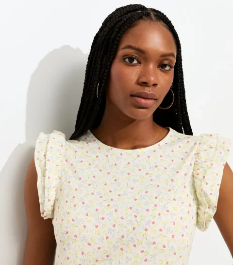 Women's White Floral Strawberry Print Frill Sleeve Top