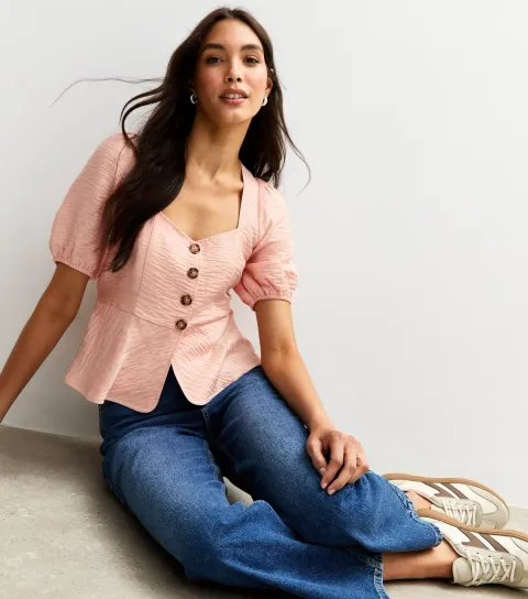 Women's Pink Textured Button Up Peplum Top