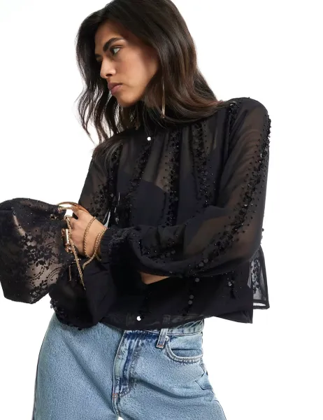 River Island Sequin Roll Neck Tie Back Top Black Mix