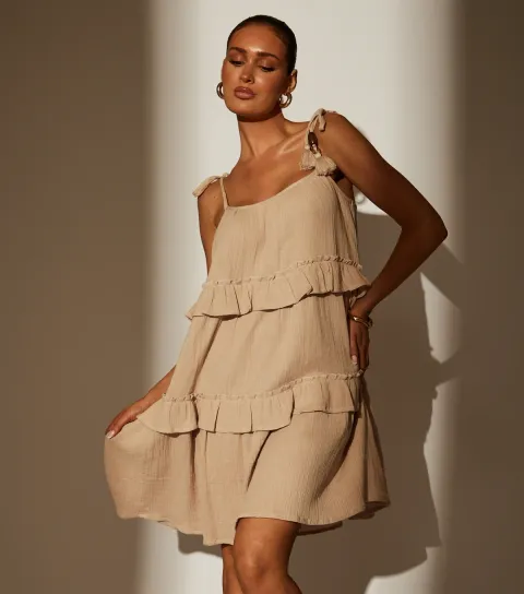 Women's Taupe Tie Strap Mini Dress
