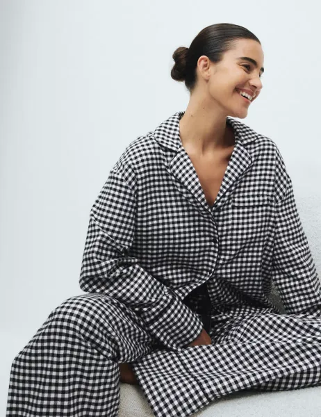 Marks & Spencer Pure Cotton Gingham Revere Pyjama Set Navy Mix