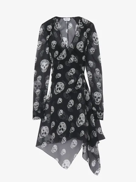 Silk Skull Print Wrap Dress