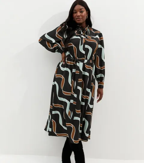 Women's Plus Size Blue and Brown Ribbon Long Sleeve Pussybow Midi Dress Curves