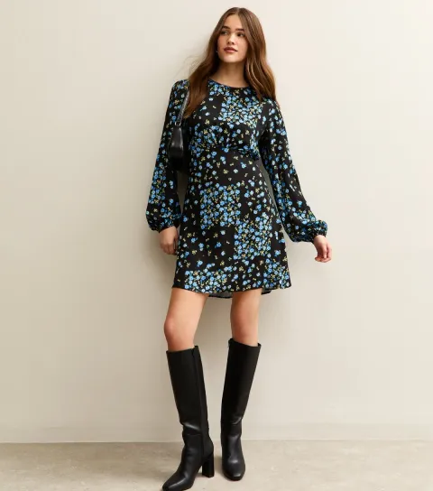 Women's Black Rose Print Long Sleeve Mini Dress